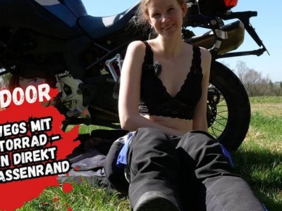 Skinny german teen secretly fingered to double orgasm on motorbike tour - solo masturbation peeing outdoor